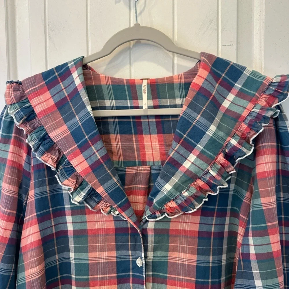 Free People Molly Ruffle Plaid Top Shirt Blouse Size Large EUC